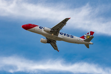 Zurich, Switzerland, January 2, 2023 Edelweiss Airbus A320-214 aircraft takeoff from runway 16のeditorial素材