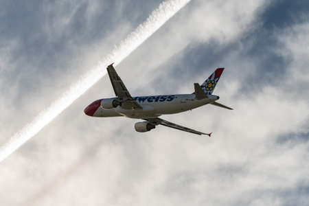 Zurich, Switzerland, January 2, 2023 Edelweiss Airbus A320-214 aircraft takeoff from runway 16