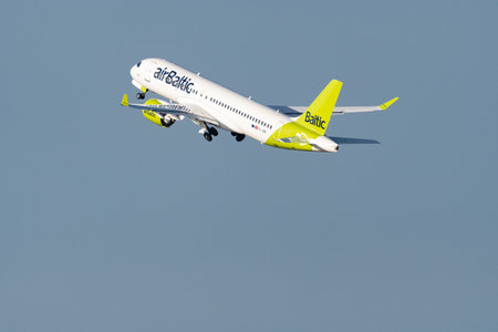 Zurich, Switzerland, January 2, 2023 Air Baltic Bombardier CS-300 or Airbus A220 aircraft taking off...