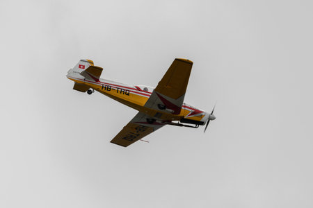 Rhine Valley, Saint Gallen, Switzerland, May 20, 2023 HB-TRQ Zlin 526 akrobat propeller airplane is...