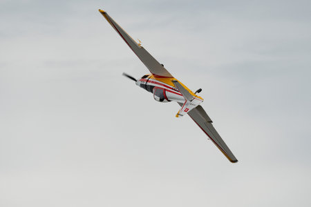 Rhine Valley, Saint Gallen, Switzerland, May 20, 2023 HB-TRQ Zlin 526 akrobat propeller airplane is...