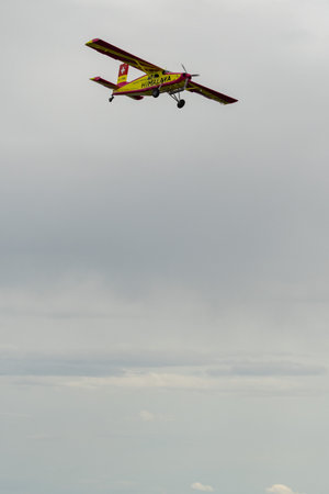 Rhine Valley, Saint Gallen, Switzerland, May 20, 2023 N-283SW Pilatus PC-6/350-H2 Porter propeller...