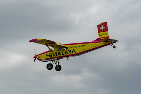 Rhine Valley, Saint Gallen, Switzerland, May 20, 2023 N-283SW Pilatus PC-6/350-H2 Porter propeller...