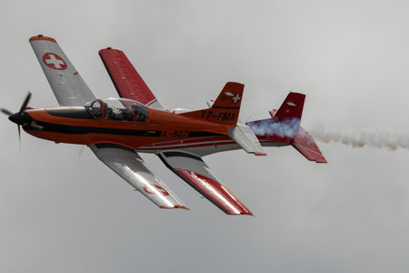 Rhine Valley, Saint Gallen, Switzerland, May 20, 2023 Pilatus PC-7 propeller airplane performance...