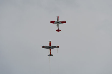 Rhine Valley, Saint Gallen, Switzerland, May 20, 2023 Pilatus PC-7 propeller airplane performance...