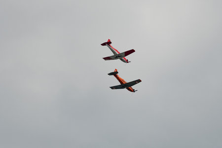 Rhine Valley, Saint Gallen, Switzerland, May 20, 2023 Pilatus PC-7 propeller airplane performance...