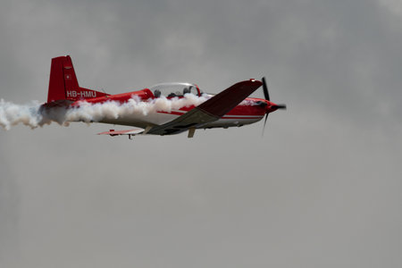 Rhine Valley, Saint Gallen, Switzerland, May 20, 2023 Pilatus PC-7 propeller airplane performance...