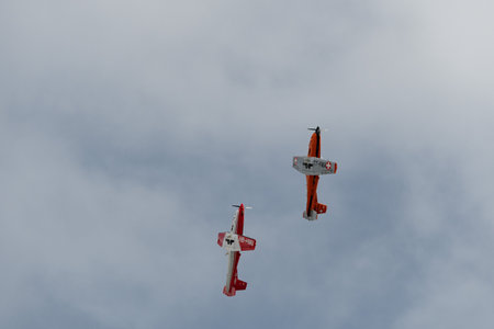 Rhine Valley, Saint Gallen, Switzerland, May 20, 2023 Pilatus PC-7 propeller airplane performance during an air show seen from the top of the mount hoher Kastenのeditorial素材