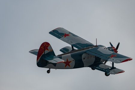 Rhine Valley, Saint Gallen, Switzerland, May 20, 2023 LY-MHC Antonov AN-2 double decker propeller...