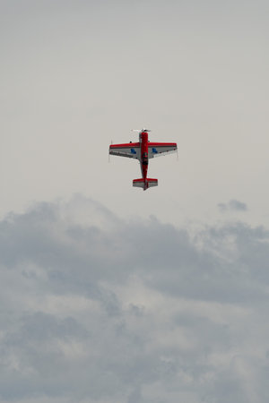 Rhine Valley, Saint Gallen, Switzerland, May 20, 2023 HB-MSS Sukhoi SU-26M propeller airplane is...