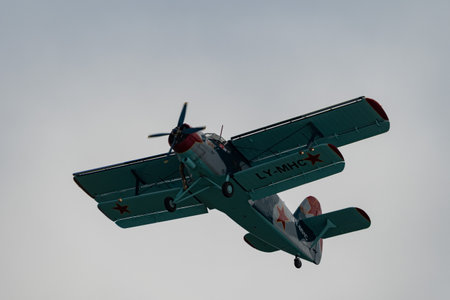 Rhine Valley, Saint Gallen, Switzerland, May 20, 2023 LY-MHC Antonov AN-2 double decker propeller...