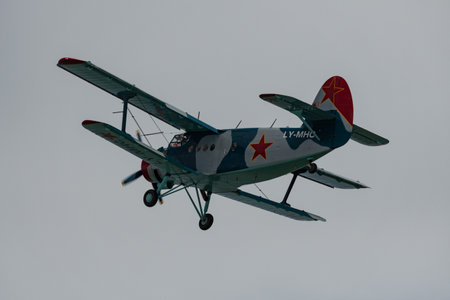 Rhine Valley, Saint Gallen, Switzerland, May 20, 2023 LY-MHC Antonov AN-2 double decker propeller...