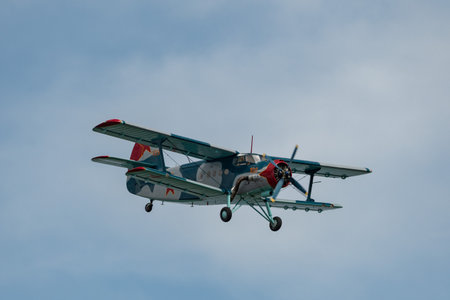 Rhine Valley, Saint Gallen, Switzerland, May 20, 2023 LY-MHC Antonov AN-2 double decker propeller...