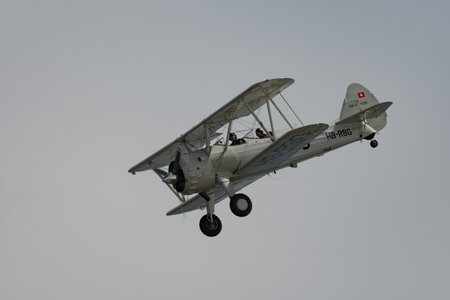 Rhine Valley, Saint Gallen, Switzerland, May 20, 2023 HB-RBG Boeing Stearman Model 75 double decker...