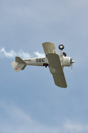 Rhine Valley, Saint Gallen, Switzerland, May 20, 2023 HB-RBG Boeing Stearman Model 75 double decker...