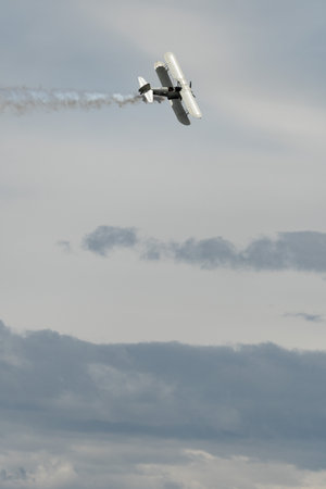 Rhine Valley, Saint Gallen, Switzerland, May 20, 2023 HB-RBG Boeing Stearman Model 75 double decker...