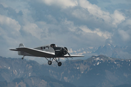 Rhine Valley, Saint Gallen, Switzerland, May 20, 2023 HB-RIO Junkers F13 rebuilt nostalgic propeller airplane performance during an air show seen from the top of the mount hoher Kastenのeditorial素材