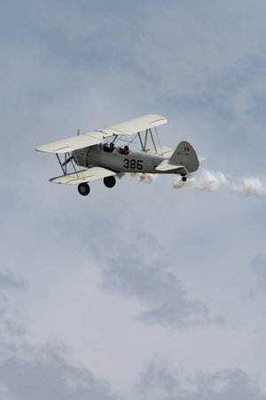 Rhine Valley, Saint Gallen, Switzerland, May 20, 2023 HB-RBG Boeing Stearman Model 75 double decker...