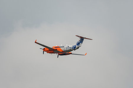Zurich, Switzerland, May 2, 2023 D-CFME Beechcraft B300 King Air 350 propeller plane take off from...