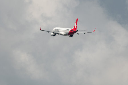 Zurich, Switzerland, May 2, 2023 HB-JVP Helvetic Airways Embraer E190-LR aircraft leaving from runway 28のeditorial素材
