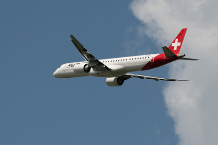 Zurich, Switzerland, May 2, 2023 HB-AZK Helvetic Airways Embraer E195-E2 aircraft take off from runway 28のeditorial素材