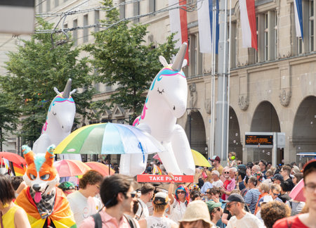 Zurich, Switzerland, June 17, 2023 Unicorn gender balloon at the gay pride demonstration in the city...