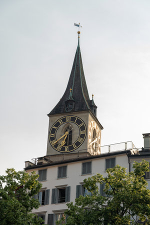 Zurich, Switzerland, June 17, 2023 Tower of the saint Peter church in the city centerの写真素材