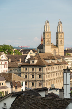Zurich, Switzerland, June 17, 2023 Majestic view over the downtown area with the Munster church in the backgroundのeditorial素材