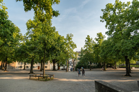 Zurich, Switzerland, June 17, 2023 Pretty little park with green trees in the city centerのeditorial素材
