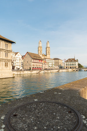 Zurich, Switzerland, June 17, 2023 View over the Limmat river with the towers of the Munster church in the backgroundのeditorial素材