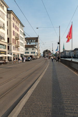 Zurich, Switzerland, June 17, 2023 Pedestrian walkway along the river in the city centerのeditorial素材