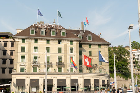 Zurich, Switzerland, June 17, 2023 Rainbow flag is waving in the city centerのeditorial素材