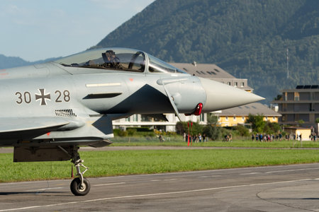 Mollis, Switzerland, August 18, 2023 Eurofighter Typhoon military jet during an air displayのeditorial素材