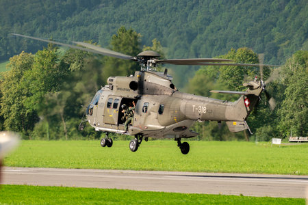 Mollis, Switzerland, August 18, 2023 Swiss military super puma helicopter during an air displayのeditorial素材