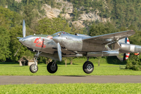 Mollis, Switzerland, August 18, 2023 N-25Y Lockheed P-38L Lightning aircrafton the runwayのeditorial素材