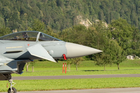 Mollis, Switzerland, August 18, 2023 Eurofighter Typhoon military jet is parking on the apronのeditorial素材