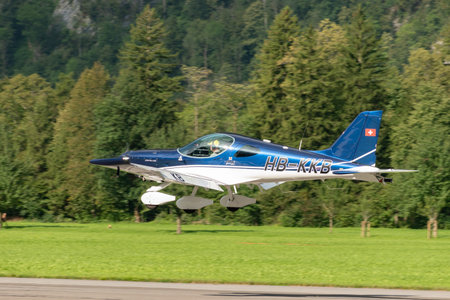Mollis, Switzerland, August 18, 2023 HB-KKB BRM Aero Bristell B23 propeller aircraft is landing on runway 19のeditorial素材