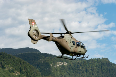 Mollis, Switzerland, August 18, 2023 T-367 Swiss military Eurocopter EC-635 P2+ helicopter during an air displayのeditorial素材