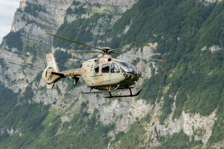 Mollis, Switzerland, August 18, 2023 T-367 Swiss military Eurocopter EC-635 P2+ helicopter during an air displayのeditorial素材