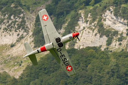 Mollis, Switzerland, August 18, 2023 D-ESUI Pilatus P-3-05 propeller aircraft is performing during an air showのeditorial素材