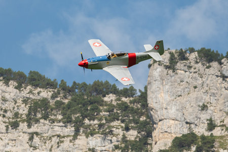Mollis, Switzerland, August 18, 2023 D-ESUI Pilatus P-3-05 propeller aircraft is performing during an air showのeditorial素材
