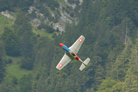 Mollis, Switzerland, August 18, 2023 D-ESUI Pilatus P-3-05 propeller aircraft is performing during an air showのeditorial素材