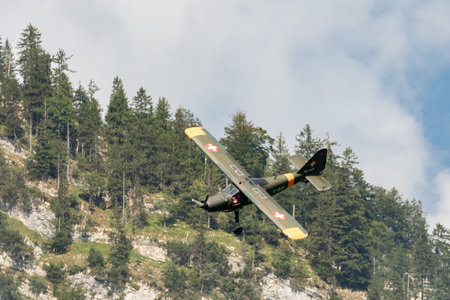Mollis, Switzerland, August 18, 2023 HB-KHD Dornier 27 historic propeller aircraft performance during an air displayのeditorial素材