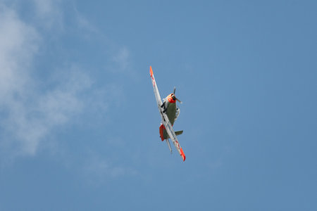 Mollis, Switzerland, August 18, 2023 HB-RCJ Pilatus P-3-05 historic propeller aircraft performing during an air showのeditorial素材