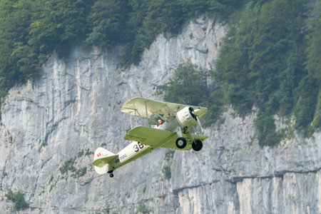 Mollis, Switzerland, August 18, 2023 HB-RBG Boeing E75 Stearman historic double decker aircraft...