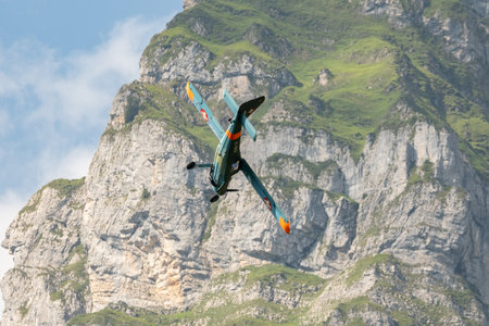 Mollis, Switzerland, August 18, 2023 HB-KHD Dornier 27 historic propeller aircraft performance during an air displayのeditorial素材
