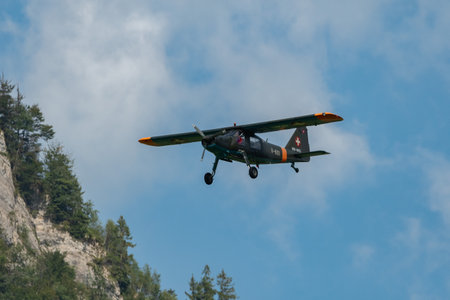 Mollis, Switzerland, August 18, 2023 HB-KHD Dornier 27 historic propeller aircraft performance during an air displayのeditorial素材