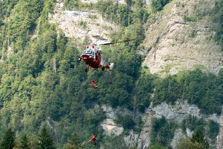 Mollis, Switzerland, August 18, 2023 Czech Air Force PZL Swidnik W-3 Sokol helicopter is performing during an air showのeditorial素材