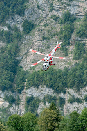 Mollis, Switzerland, August 18, 2023 Czech Air Force PZL Swidnik W-3 Sokol helicopter is performing...