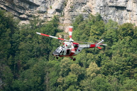 Mollis, Switzerland, August 18, 2023 Czech Air Force PZL Swidnik W-3 Sokol helicopter is performing during an air showのeditorial素材